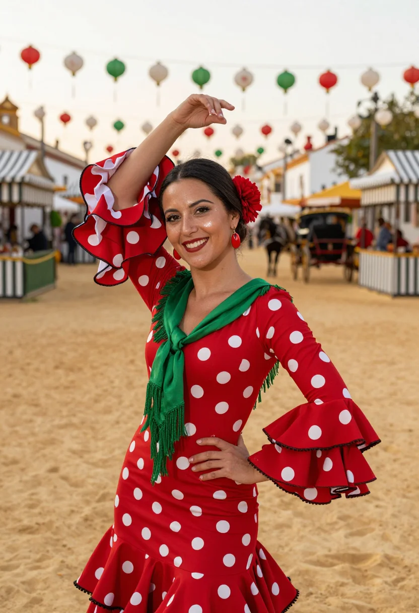 AI feria de abril seville traje de flamenca palette sample — portrait of a woman, a feria-goer, an Andalusian woman in he