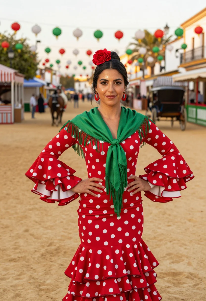 AI feria de abril seville traje de flamenca palette sample — portrait of a woman, a feria-goer, an Andalusian woman in he