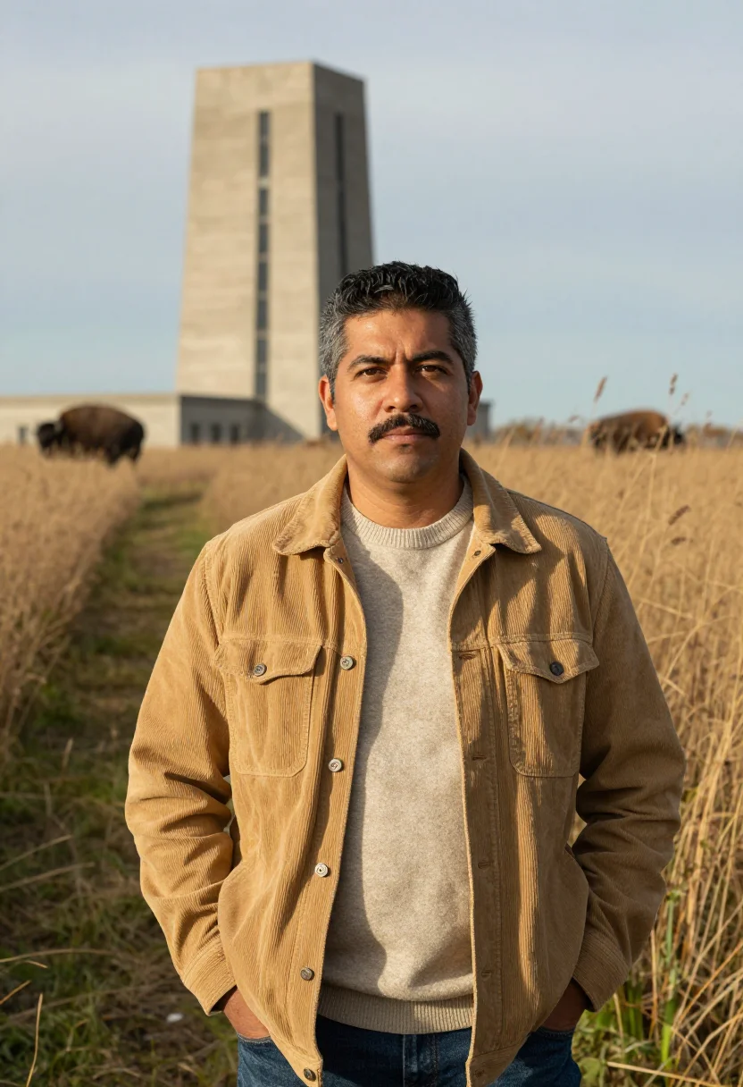 AI fermilab physicist prairie tawny sample — portrait of a man, half-length portrait of a Latino man in h