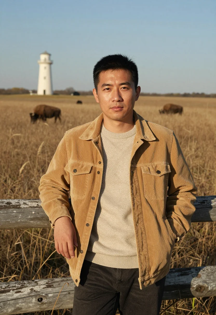 AI fermilab physicist prairie tawny sample — portrait of a man, half-length portrait of an East-Asian man