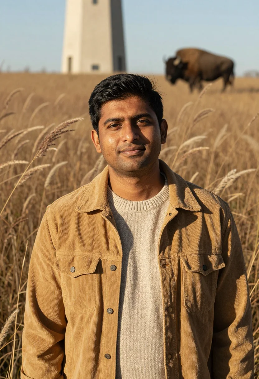 AI fermilab physicist prairie tawny sample — portrait of a man, chest-up portrait of a South-Asian man in