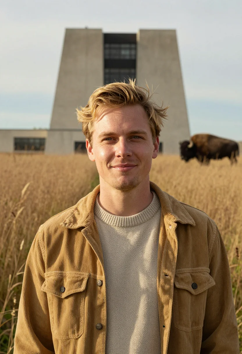 AI fermilab physicist prairie tawny sample — portrait of a man, chest-up portrait of a Western-European m