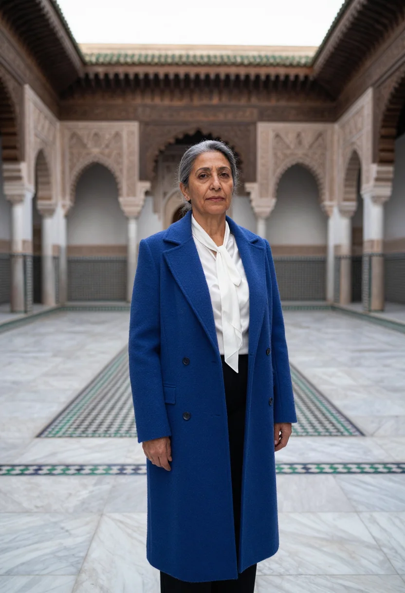 AI fes professor zellige palette sample — portrait of a professor, a Moroccan woman in her sixties wit
