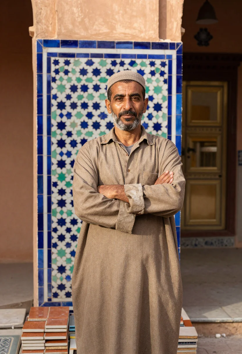 AI fez zellige sample — portrait of a man, three-quarter-length portrait of a Morocc