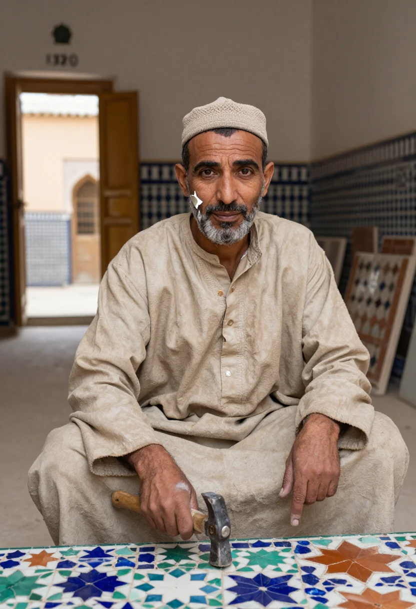 AI fez zellige sample — portrait of a man, chest-up portrait of a Moroccan man in hi