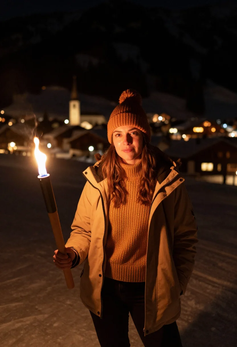 AI fiaccolata new year dolomites amber sample — portrait of a woman, framed half-length from the head to the