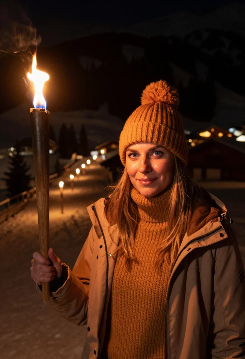 AI fiaccolata new year dolomites amber sample — portrait of a woman, framed tight, head and shoulders, the b
