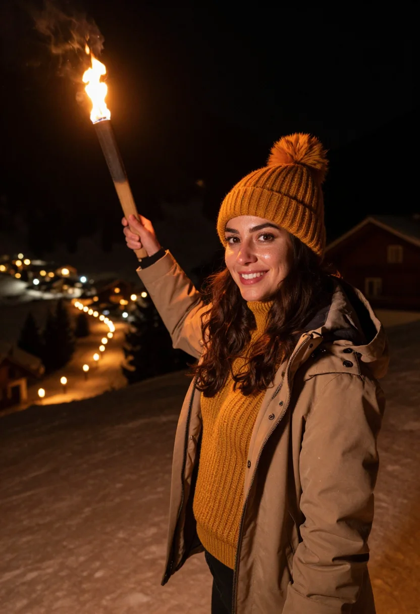 AI fiaccolata new year dolomites amber sample — portrait of a woman, framed chest-up, cropped at the ribs, t