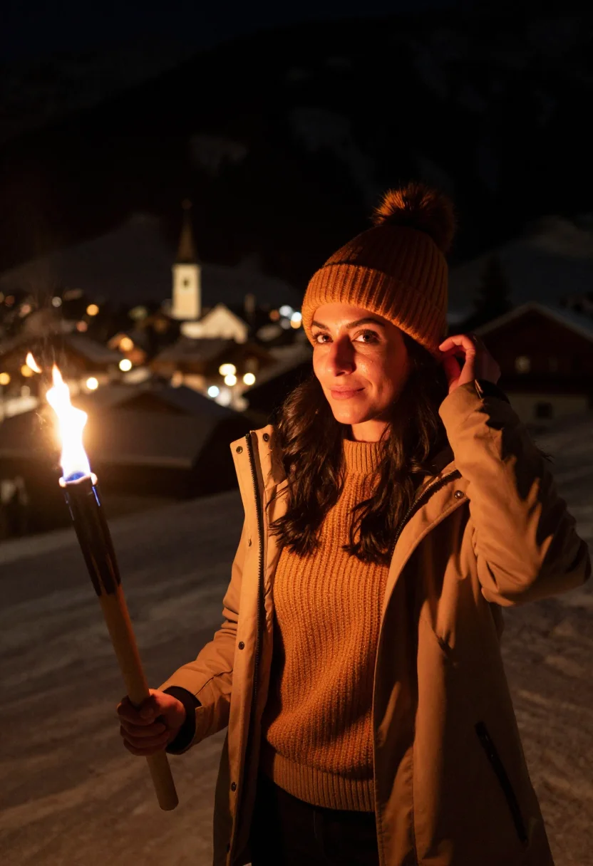 AI fiaccolata new year dolomites amber sample — portrait of a woman, framed chest-up, cropped at the ribs, t