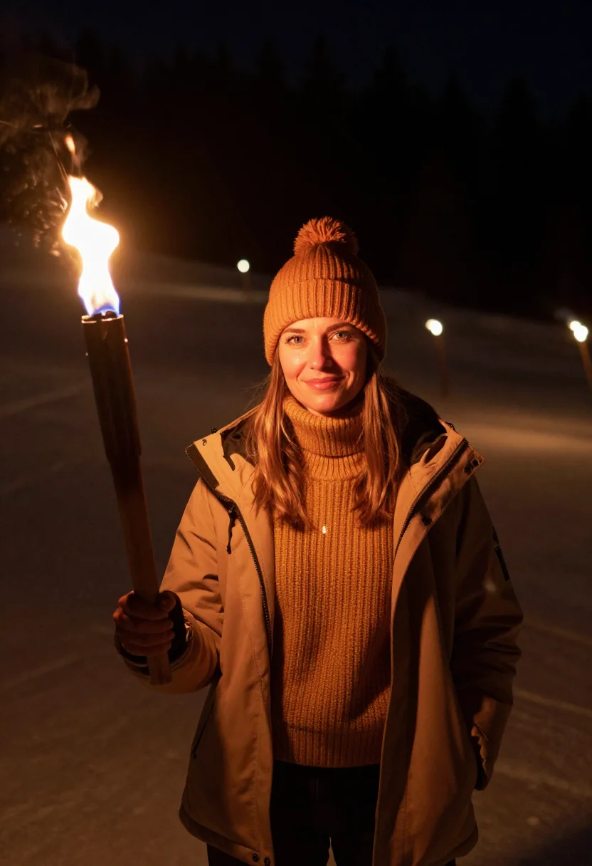 AI fiaccolata new year dolomites amber sample — portrait of a woman, framed half-length from the head to the