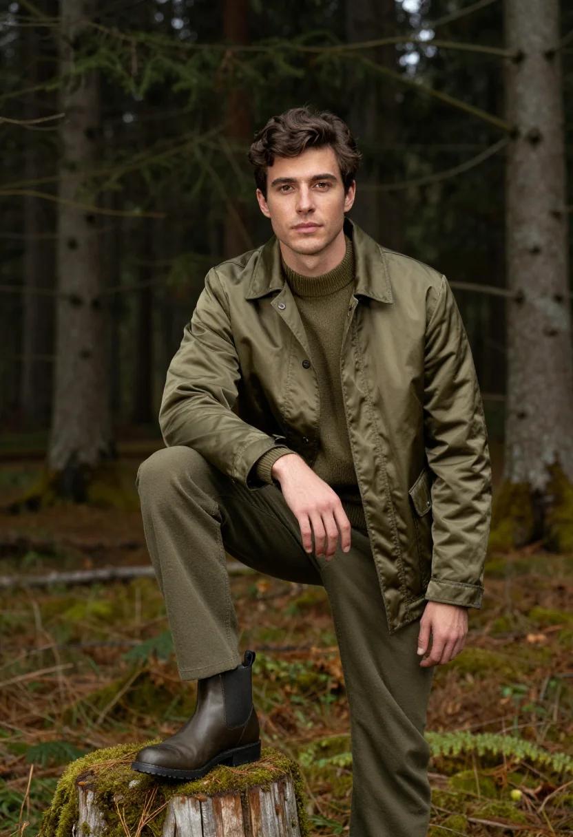 AI field jacket olive sample — portrait of a man, in his early thirties, with warm beige sk