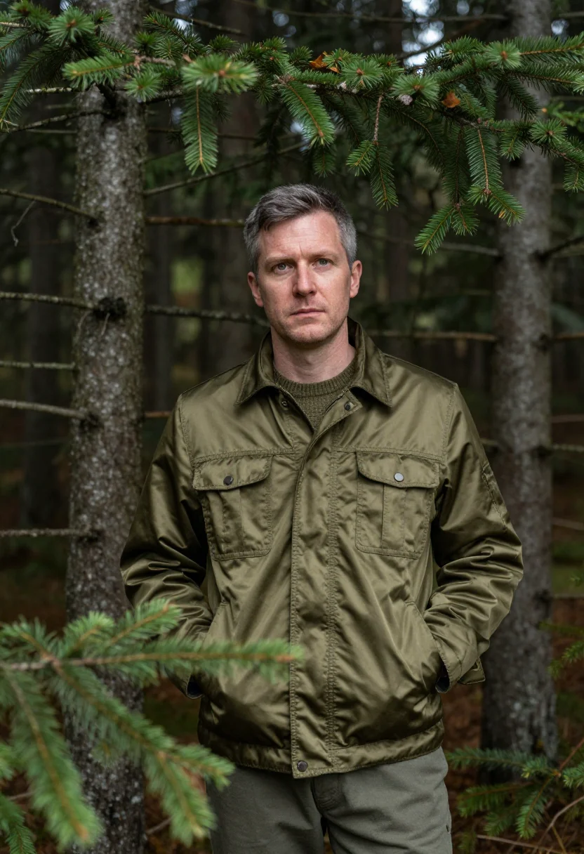 AI field jacket olive sample — portrait of a man, around forty, with weathered fair skin, h