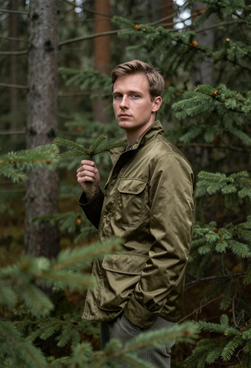 AI field jacket olive sample — portrait of a man, in his early thirties, with fair skin, bl
