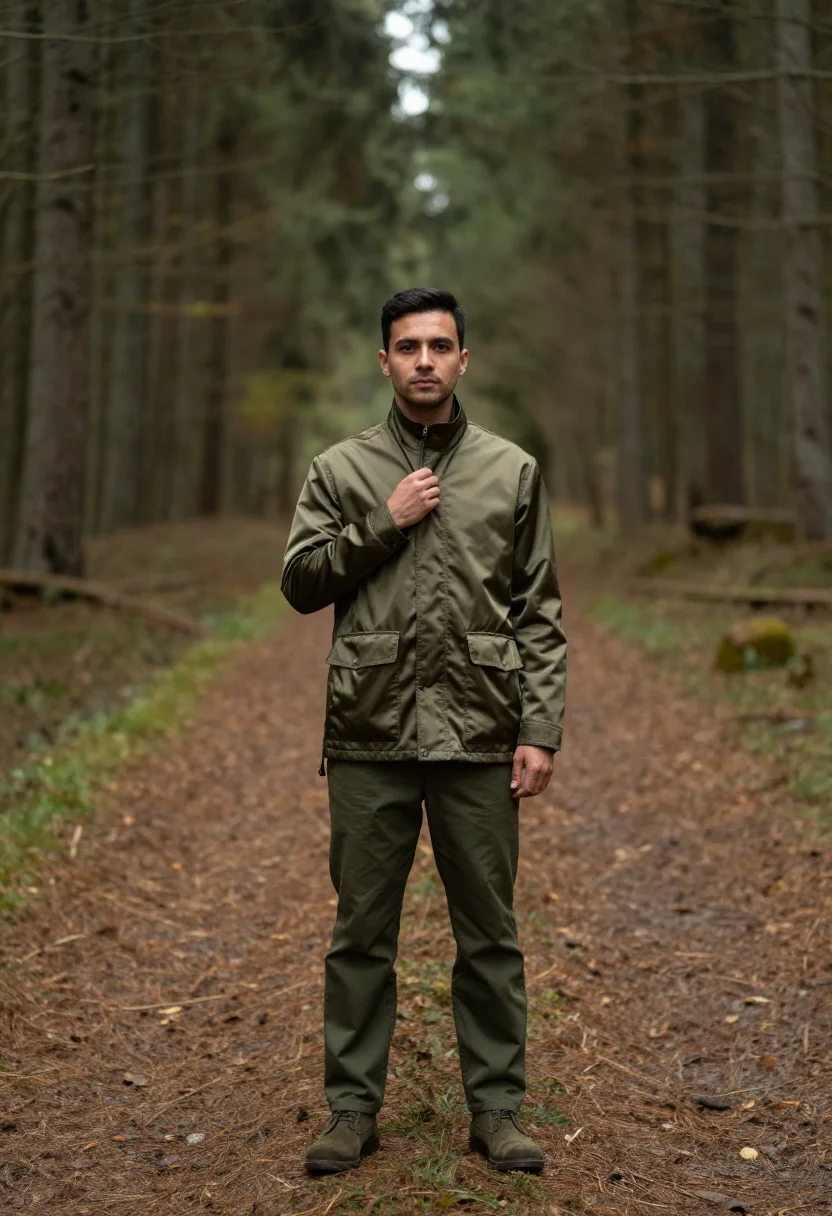 AI field jacket olive sample — portrait of a man, in his early thirties, with olive skin, d