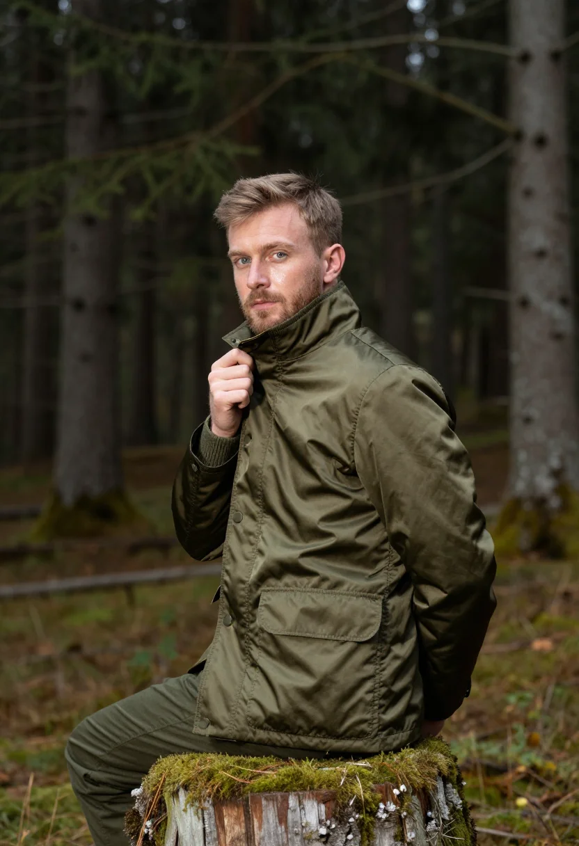 AI field jacket olive sample — portrait of a man, in his early forties, with fair skin, blu