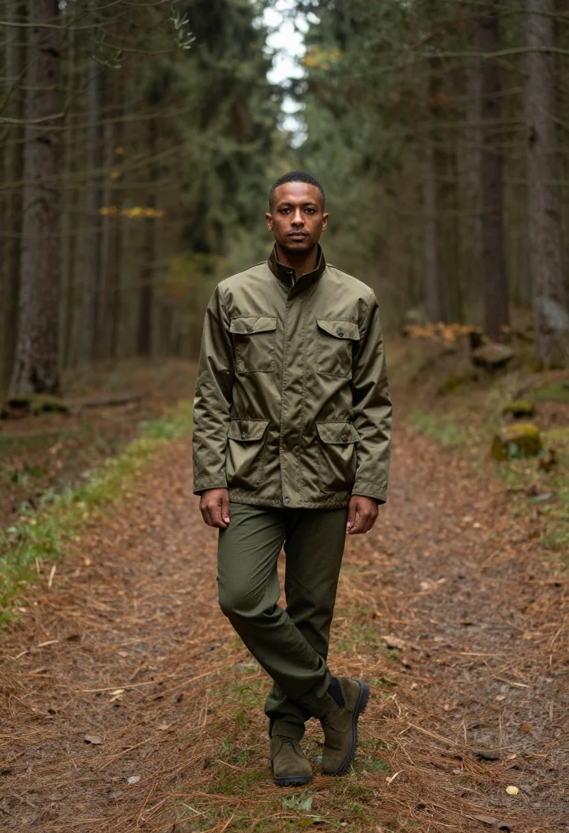 AI field jacket olive sample — portrait of a man, in his mid-thirties, with deep brown skin