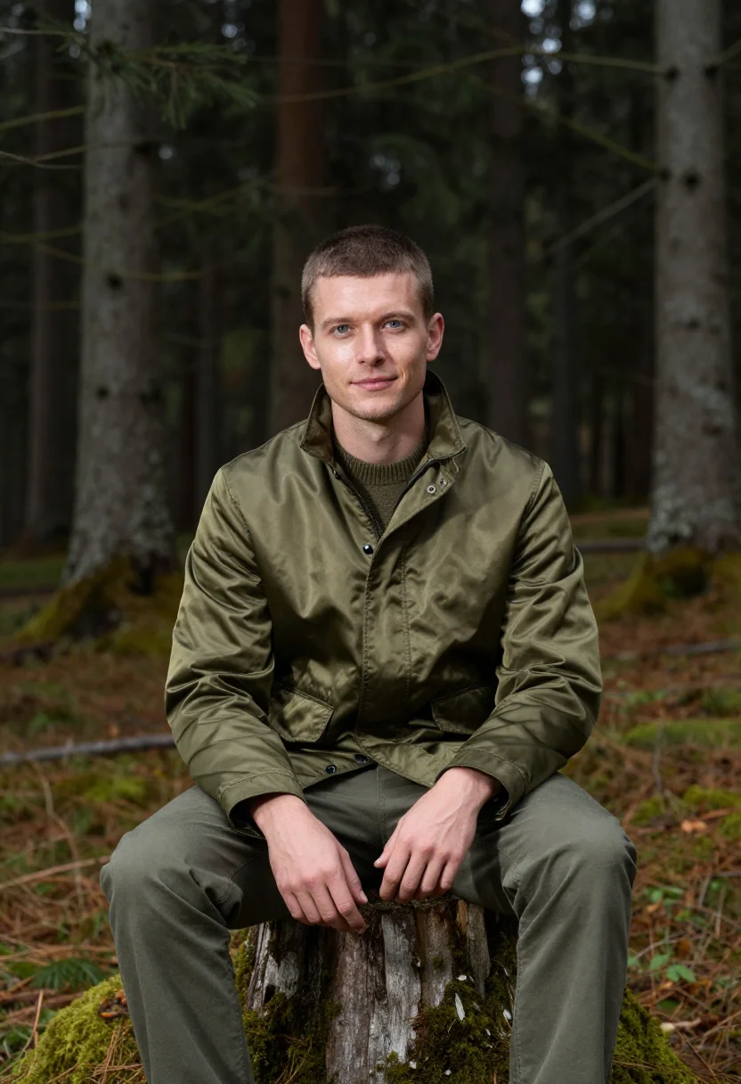 AI field jacket olive sample — portrait of a man, in his mid-thirties, with fair skin, grey