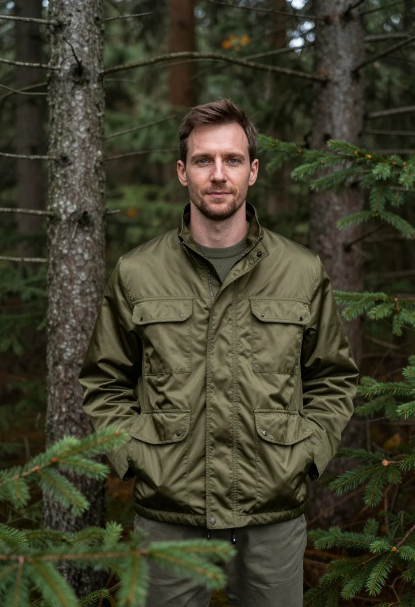 AI field jacket olive sample — portrait of a man, in his late thirties, with fair skin, gre