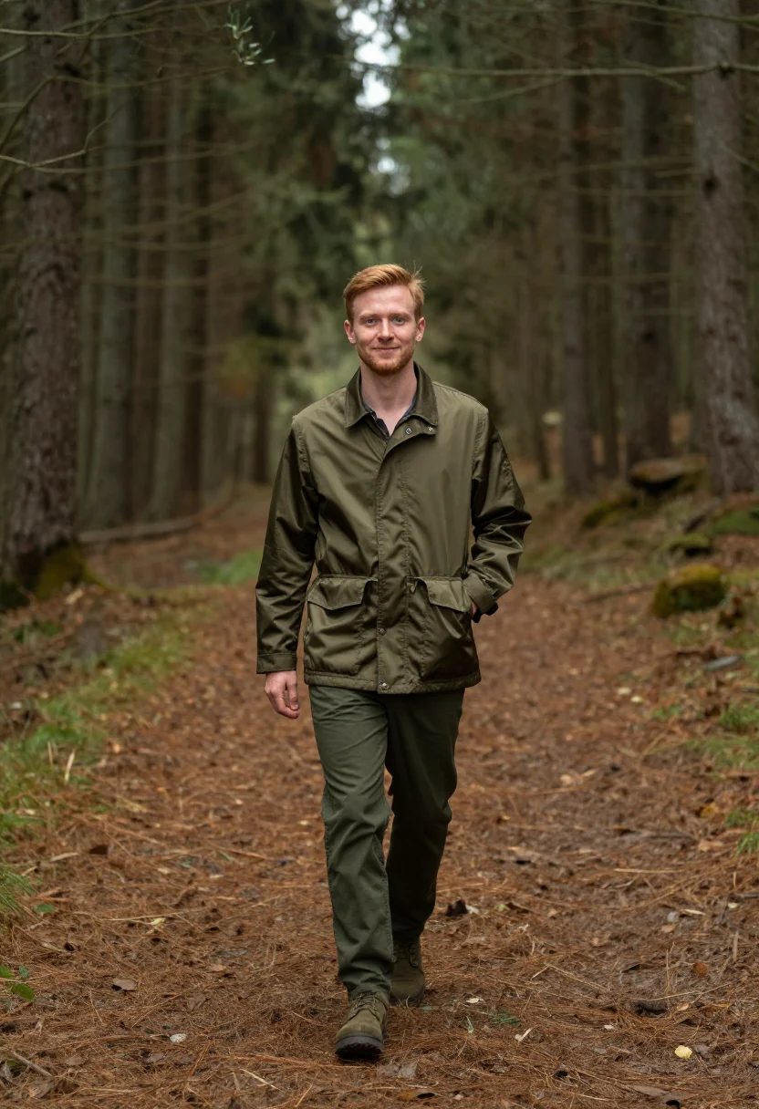 AI field jacket olive sample — portrait of a man, in his late twenties, with fair skin, gre