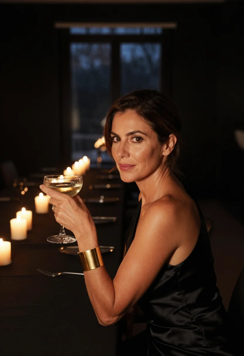 AI fiftieth champagne gold sample — portrait of a woman, framed tight, head and shoulders, the b