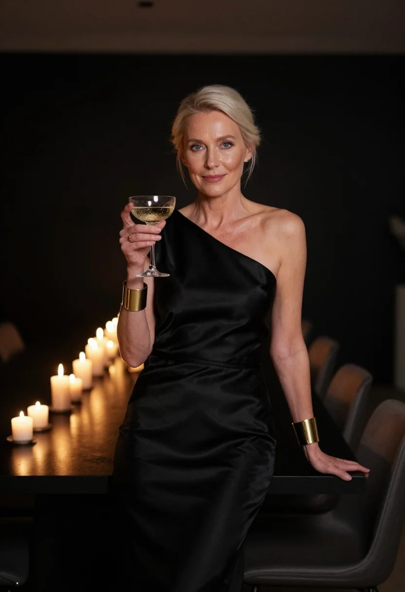 AI fiftieth champagne gold sample — portrait of a woman, framed half-length, from the head to th