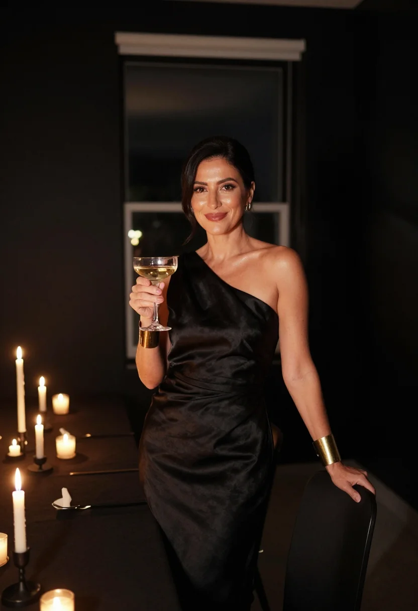 AI fiftieth champagne gold sample — portrait of a woman, framed chest-up, the camera at eye heig