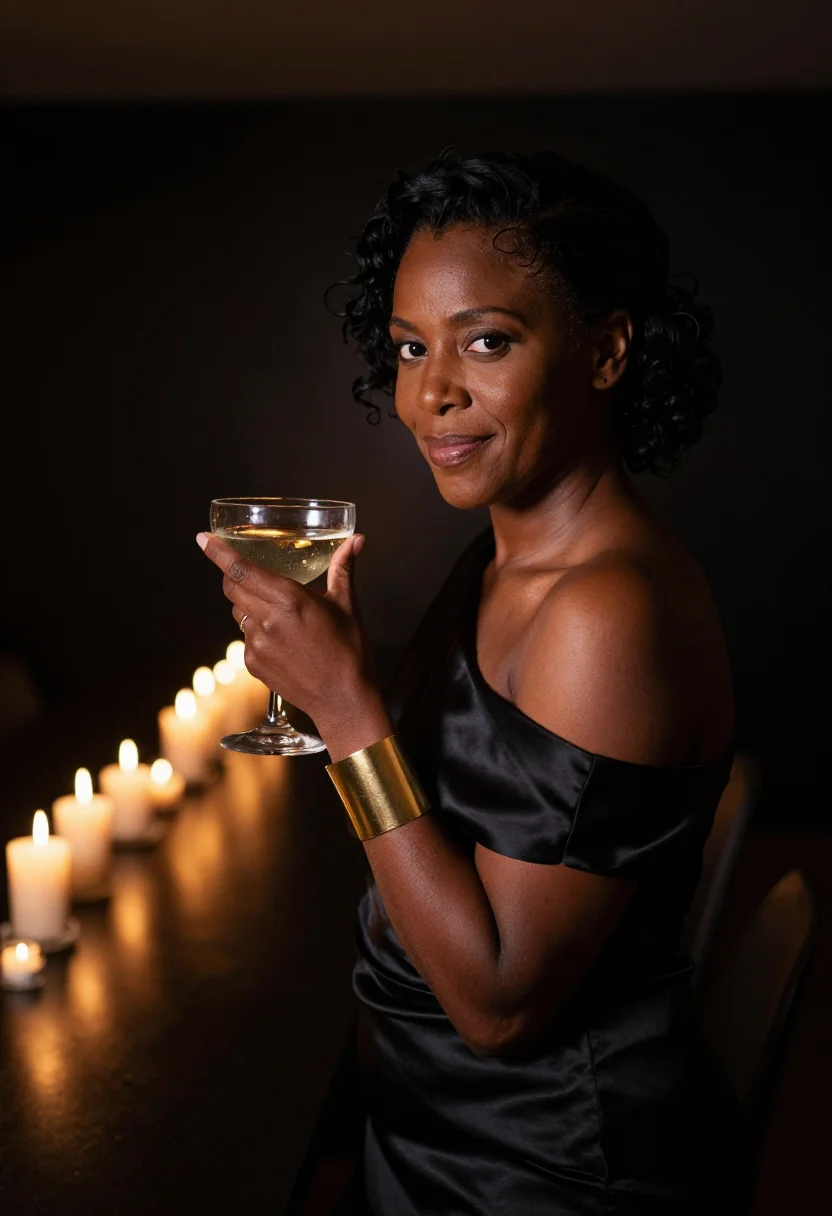 AI fiftieth champagne gold sample — portrait of a woman, framed tight, head and shoulders, the b