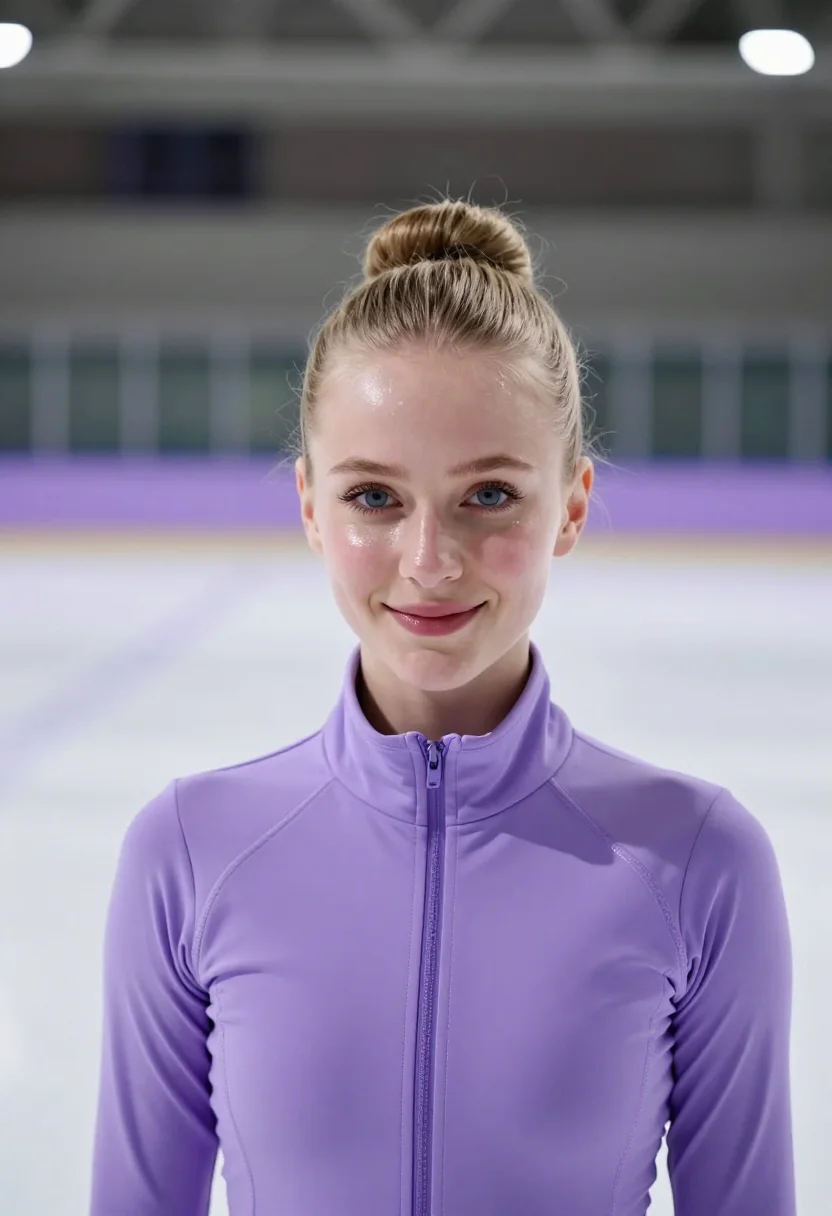 AI figure skater lilac sample — portrait of a woman, framed tight on the head and the top of