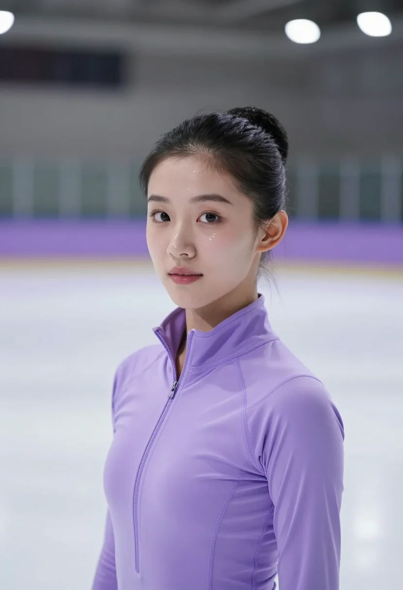 AI figure skater lilac sample — portrait of a woman, framed head and shoulders, the body clo