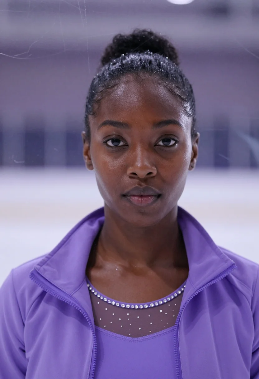 AI figure skater lilac sample — portrait of a woman, framed tight on the head and the top of