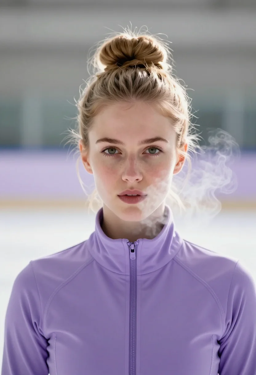 AI figure skater lilac sample — portrait of a woman, framed tight on the head and the top of