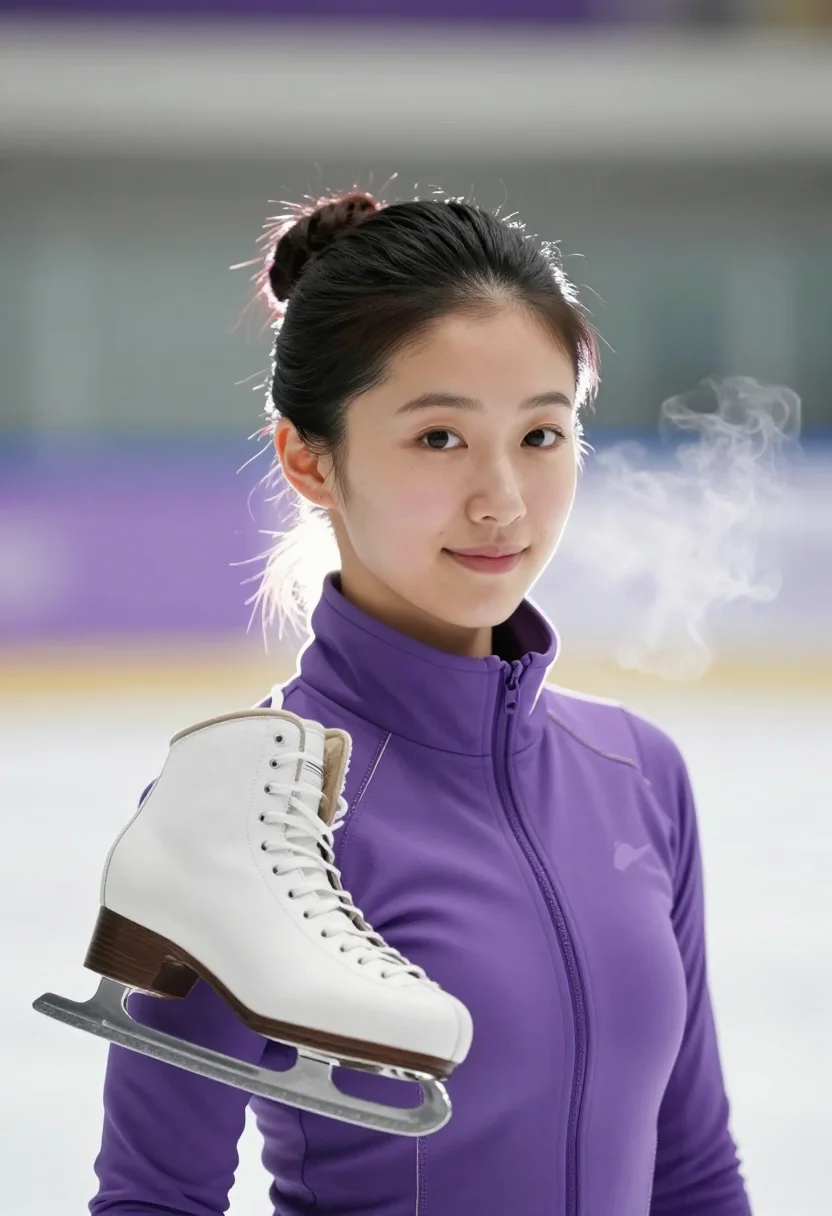 AI figure skater lilac sample — portrait of a woman, framed head and shoulders, the body clo