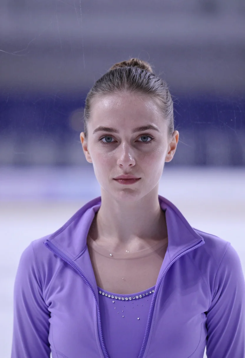 AI figure skater lilac sample — portrait of a woman, framed head and shoulders, the body clo