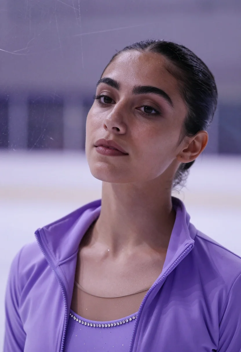 AI figure skater lilac sample — portrait of a woman, framed tight on the head and the top of