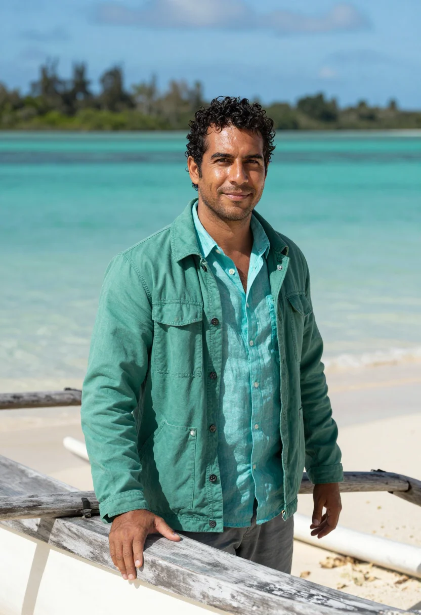 AI fiji marine biologist reef turquoise sample — portrait of a man, a marine biologist in his early forties o