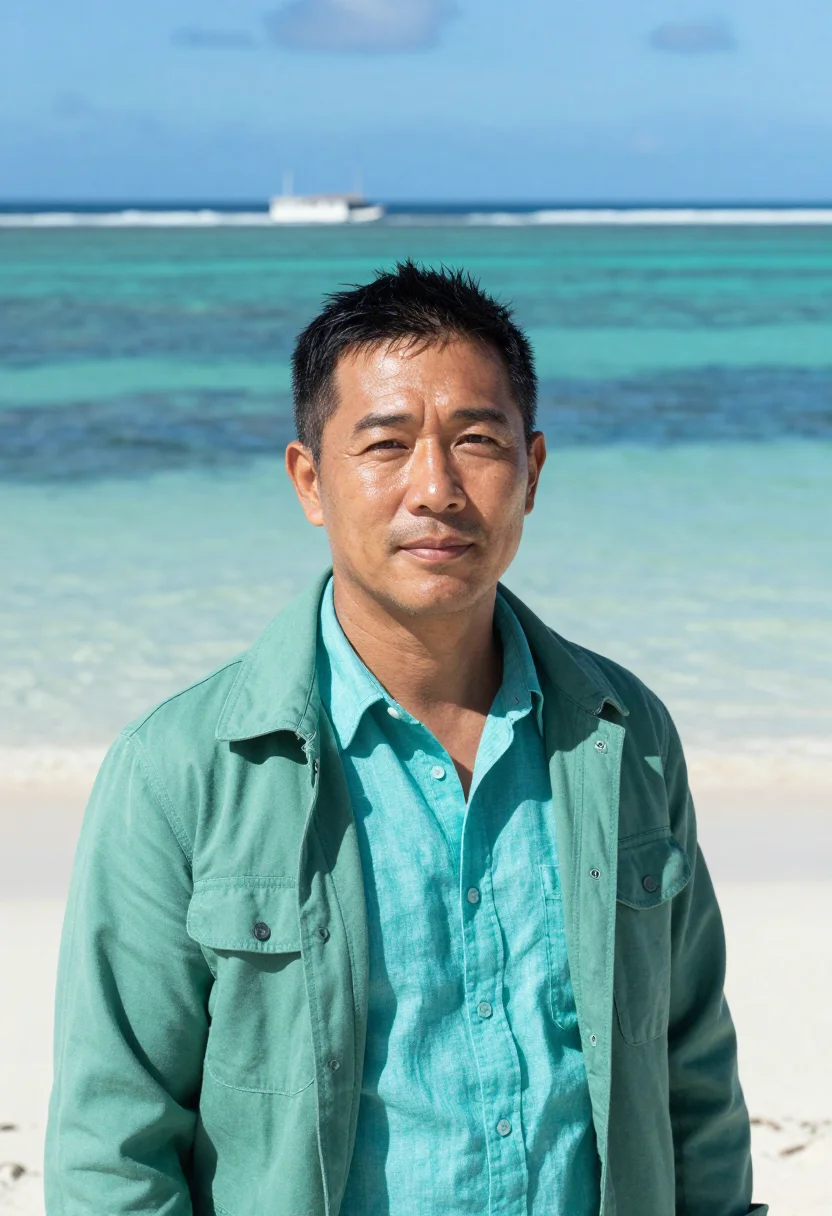 AI fiji marine biologist reef turquoise sample — portrait of a man, a marine biologist in his forties of Japa