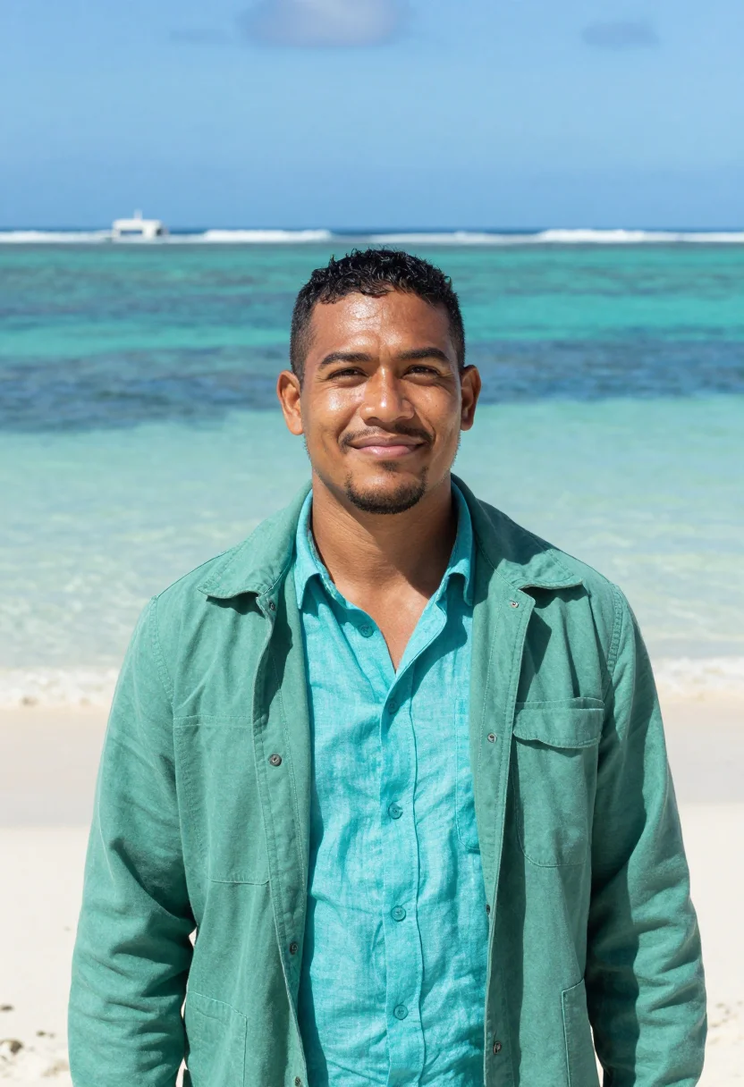 AI fiji marine biologist reef turquoise sample — portrait of a man, a marine biologist in his early thirties