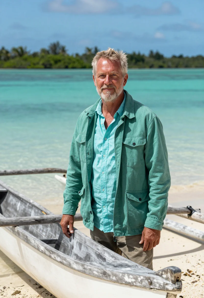 AI fiji marine biologist reef turquoise sample — portrait of a man, a marine biologist in his late fifties of