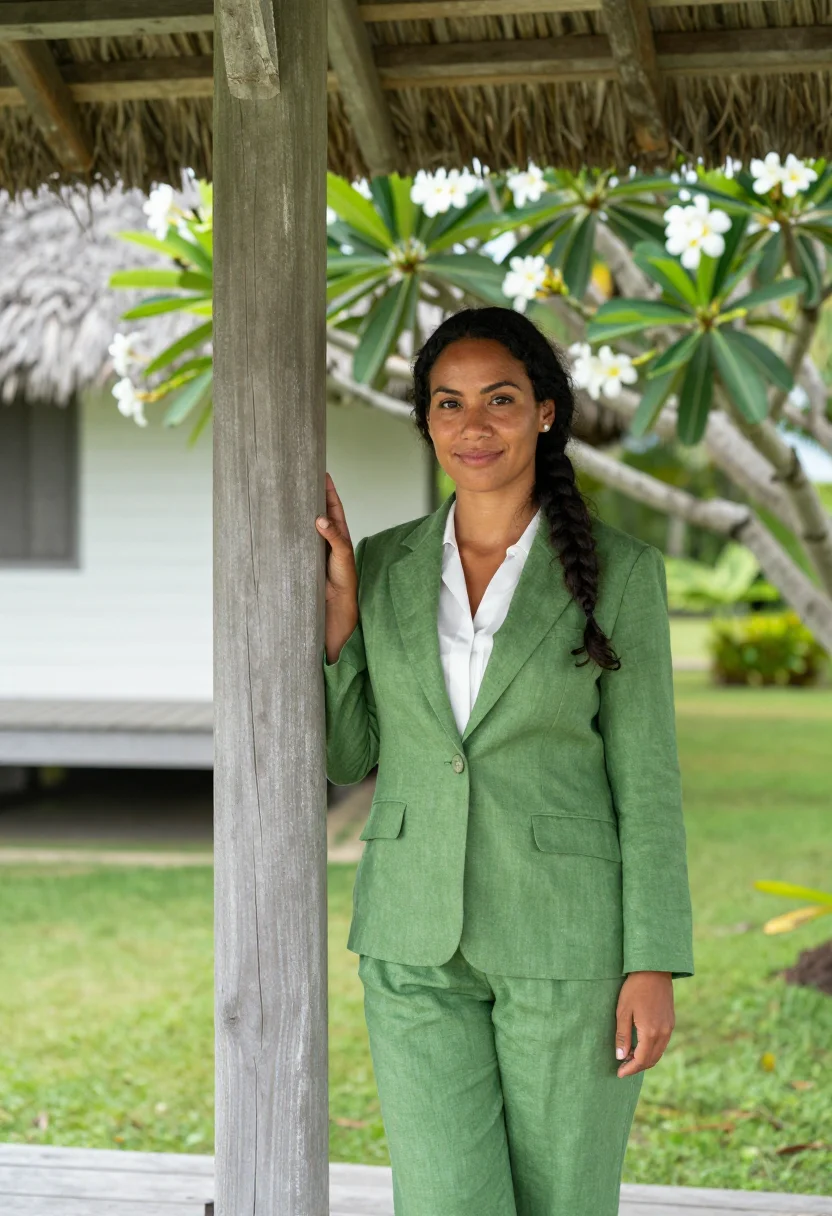 AI fiji resort director palm green white sample — portrait of a woman, a resort director in her early thirties