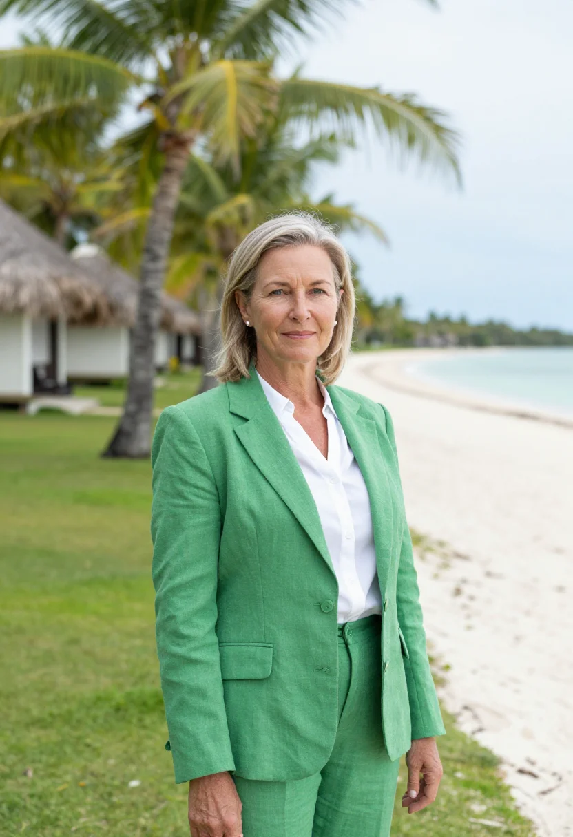 AI fiji resort director palm green white sample — portrait of a woman, a resort director in her fifties of Dut
