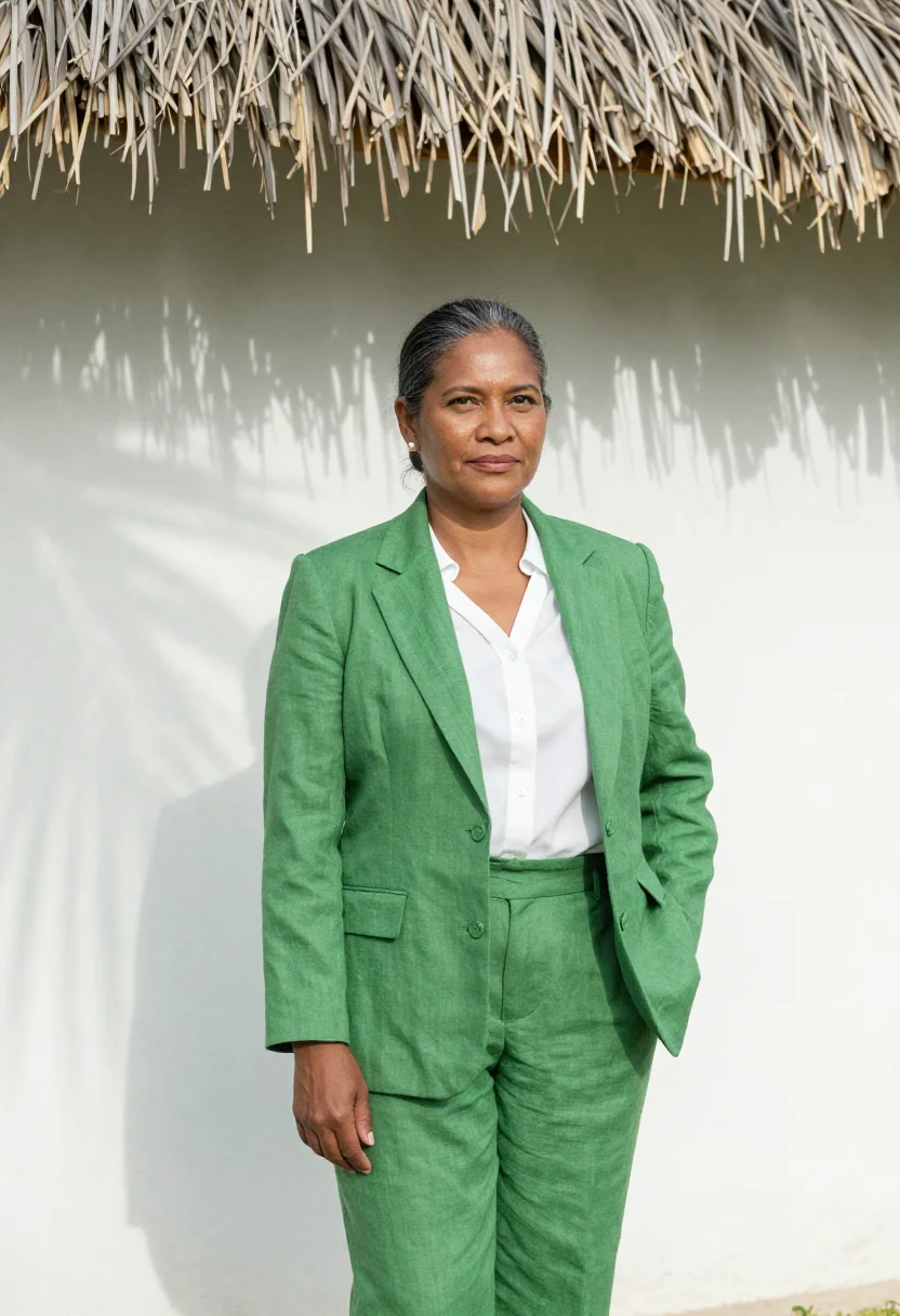 AI fiji resort director palm green white sample — portrait of a woman, a resort director in her fifties of Ind