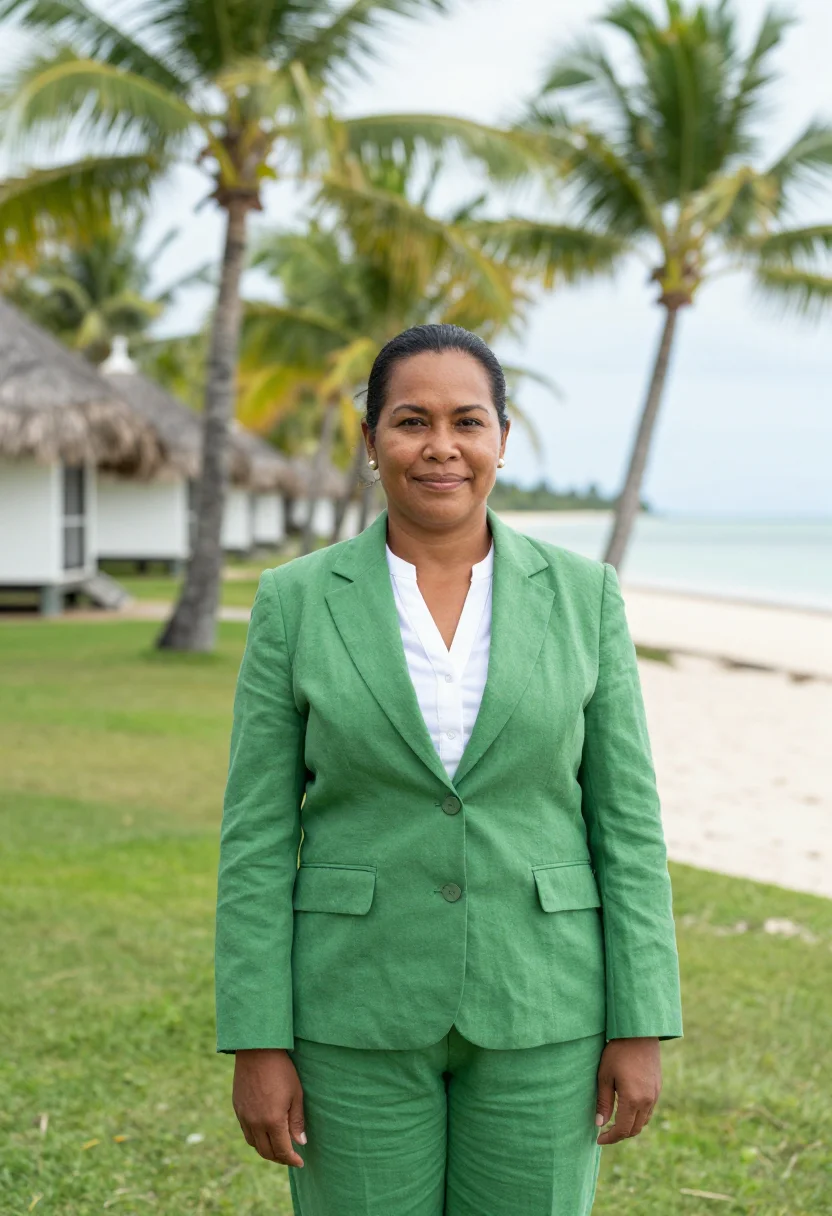 AI fiji resort director palm green white sample — portrait of a woman, a resort director in her forties of Ton
