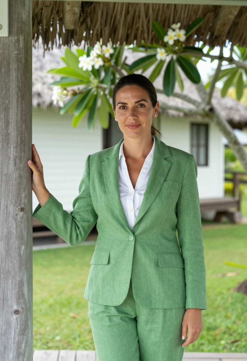 AI fiji resort director palm green white sample — portrait of a woman, a resort director in her late thirties