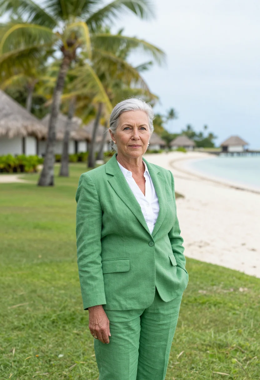 AI fiji resort director palm green white sample — portrait of a woman, a resort director in her sixties of Sco