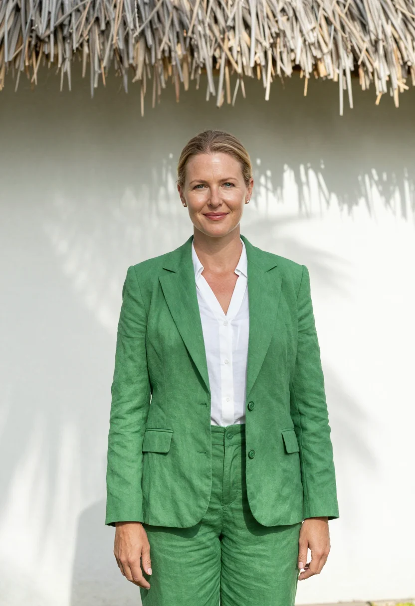 AI fiji resort director palm green white sample — portrait of a woman, a resort director in her mid-forties of
