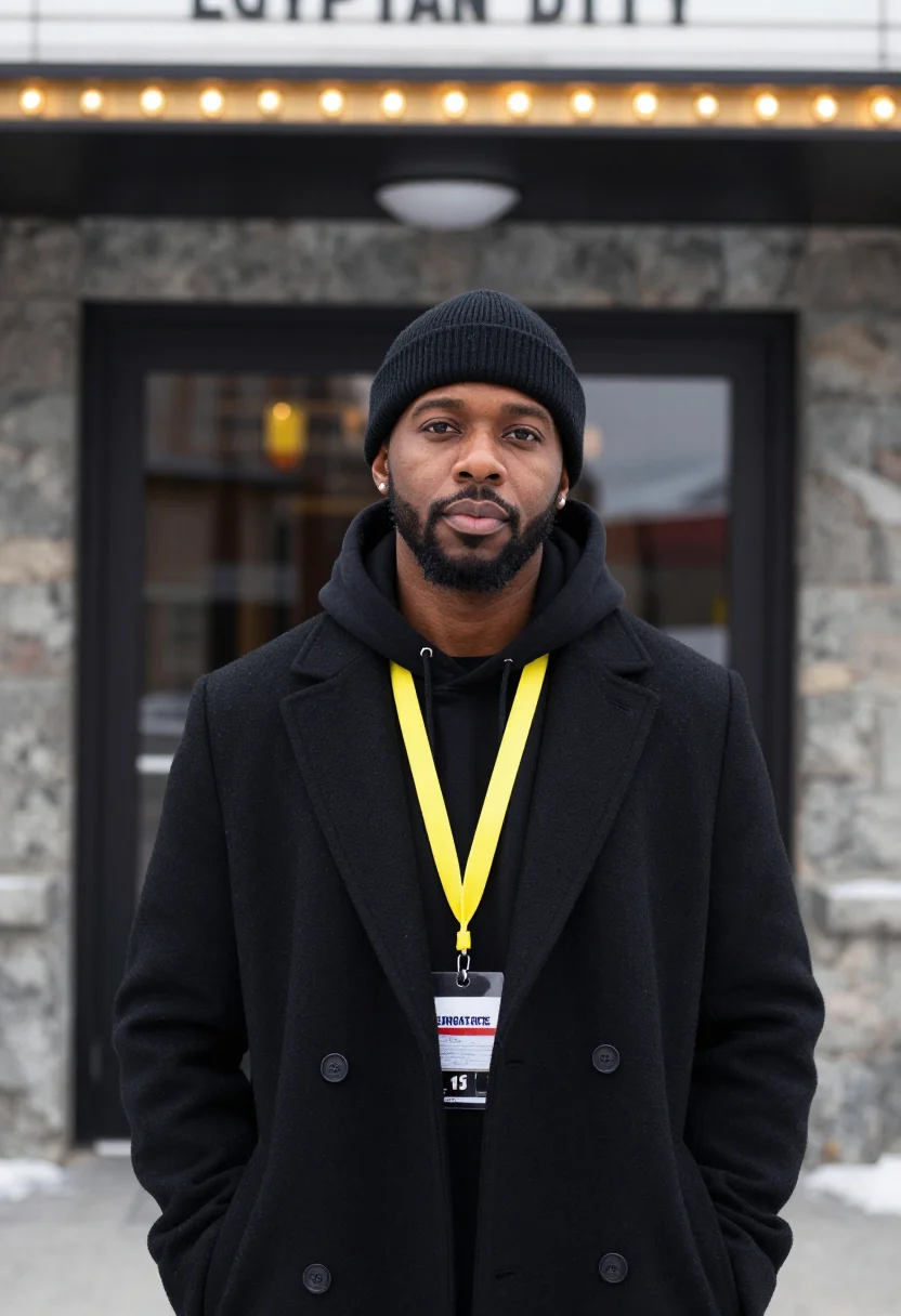 AI film director sundance black sample — portrait of a man, head-and-shoulders portrait of a Black Am
