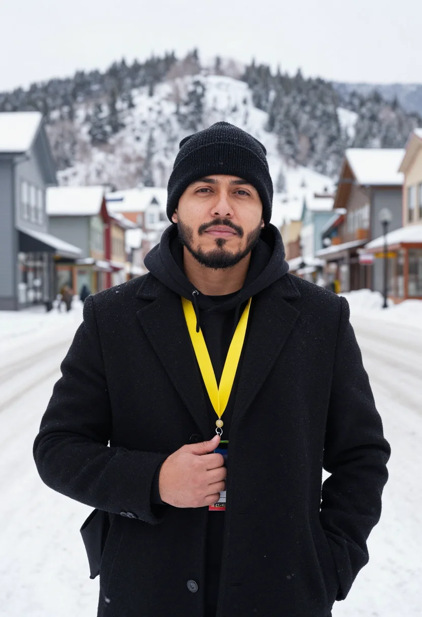 AI film director sundance black sample — portrait of a man, chest-up portrait of a Mexican-American m