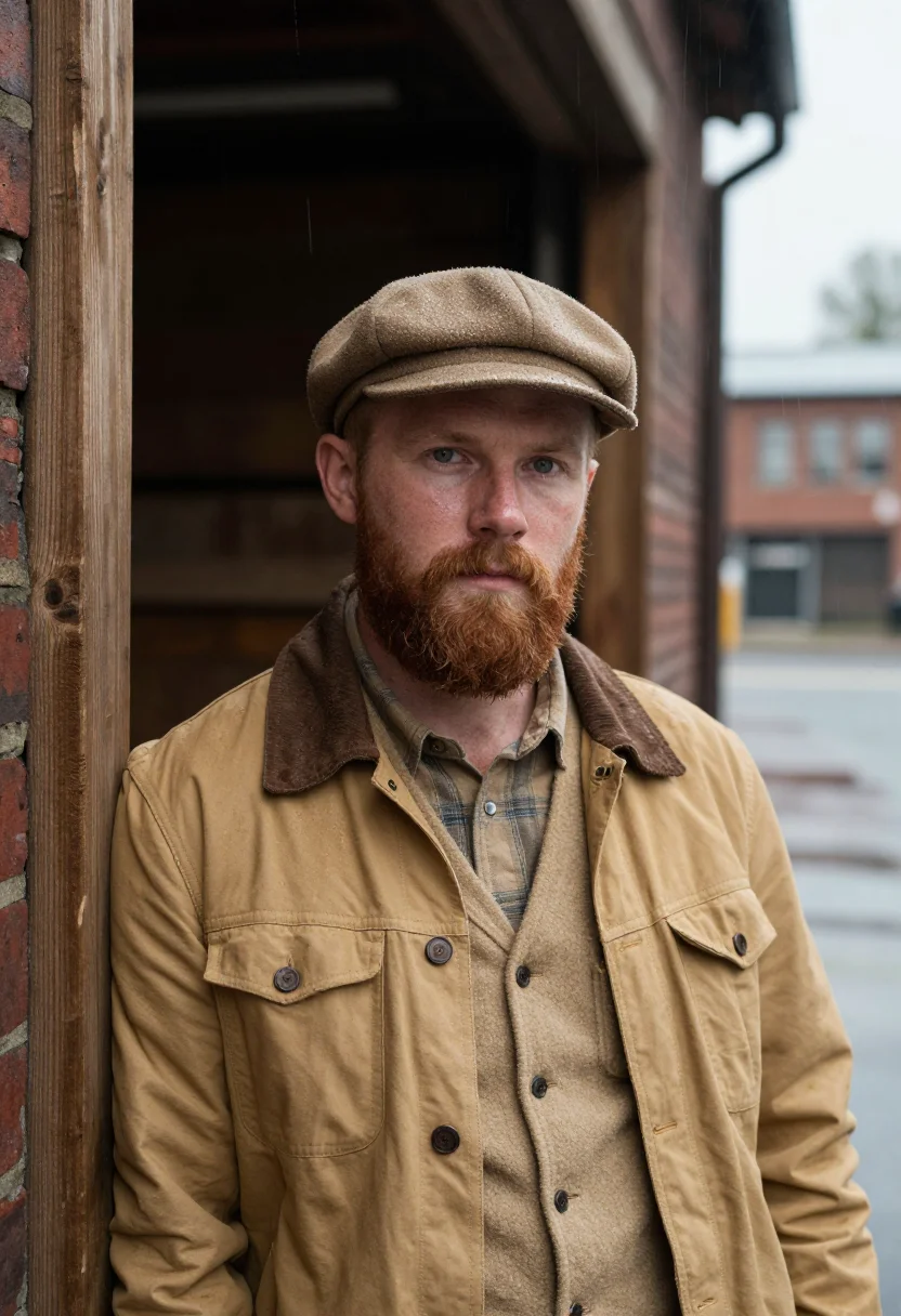 AI filson seattle rain tan sample — portrait of a man, framed chest-up, cropped at the ribs, the