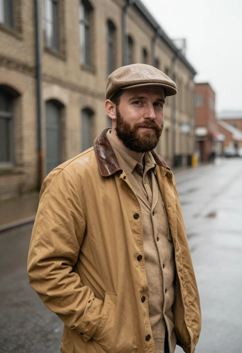 AI filson seattle rain tan sample — portrait of a man, framed half-length from the head to the h