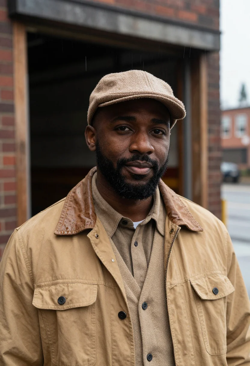 AI filson seattle rain tan sample — portrait of a man, framed tight, head and shoulders, the bod